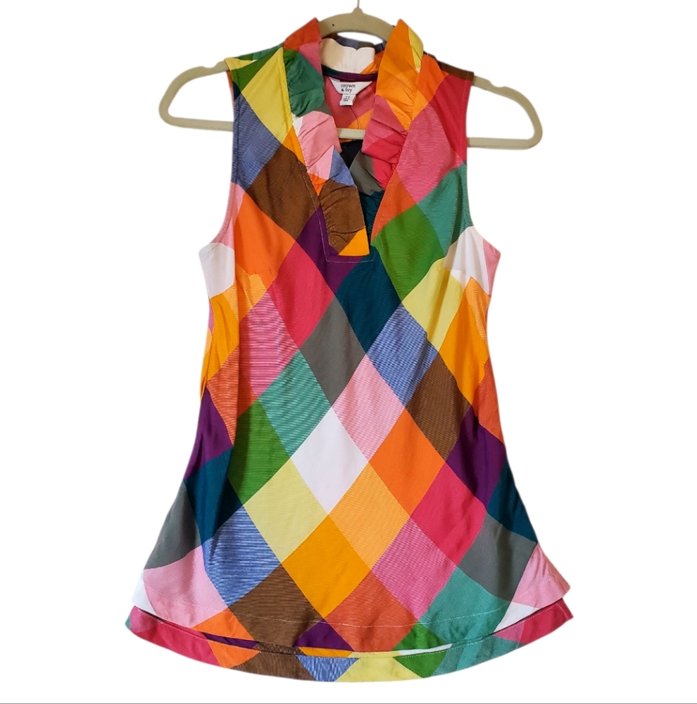 crown & ivy Plaid Multicolor Rayon Sleeveless Ruffle Neckline Size XS‎ NWT